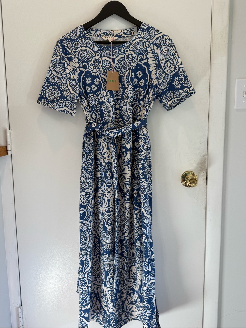 Boden Blue and White Paisley Midi Dress with Tie Waist